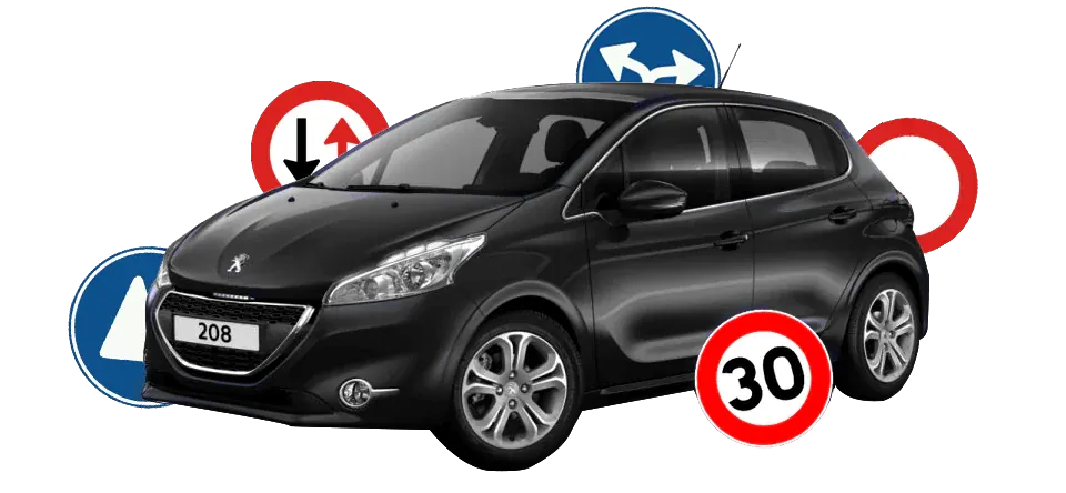 Une voiture noire entourée de panneaux de signalisation